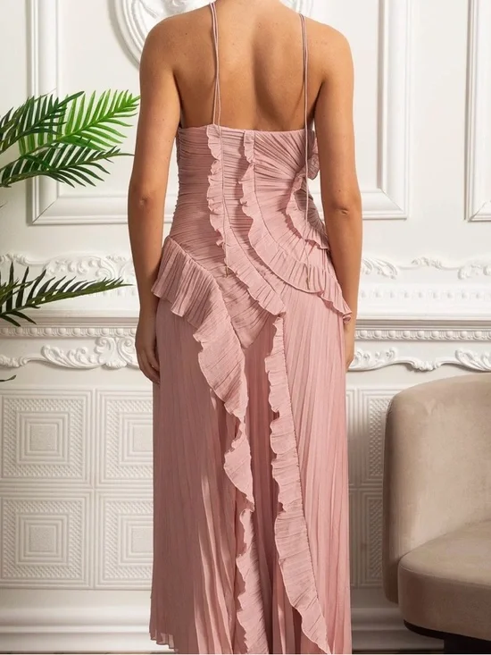 PLEATED HALTER MIDI DRESS WITH CASCADING RUFFLE DETAILS - PINK - Picture 3 of 3